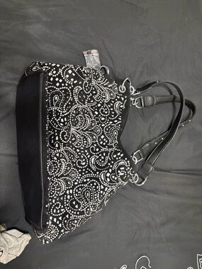 Black Studded Shoulder Tote with Silver-Tone Accents